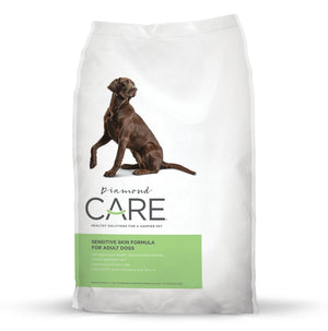 Bag of Diamond Care dog food with a brown dog Healthy Solutions for a Happier Pet Sensitive Skin Formula for Adult Dogs Low Molecular Weight Single - Source Protein Limited Ingredient Diet Grain Free and Potato Free Omega Fatty Acids for skin and coat health 