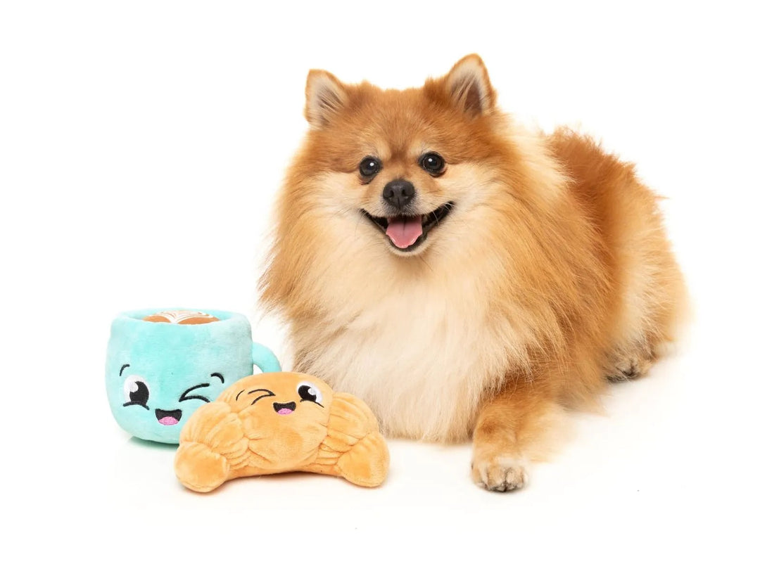 FuzzYard Croissant &amp; Cappuccino Plush Dog Toy 2-Pack - Breakfast Squeaker Set