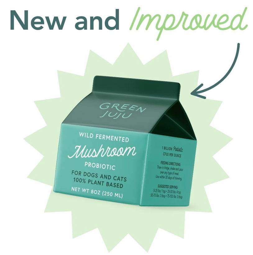 Green Juju mushroom probiotic packaging for dogs and cats with 'New and Improved' text.