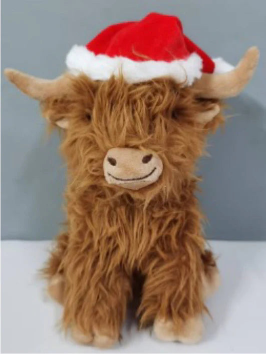 Multipet Holiday Highland Cow Shaggy W/ Santa Hat Plush Dog Toy 8"