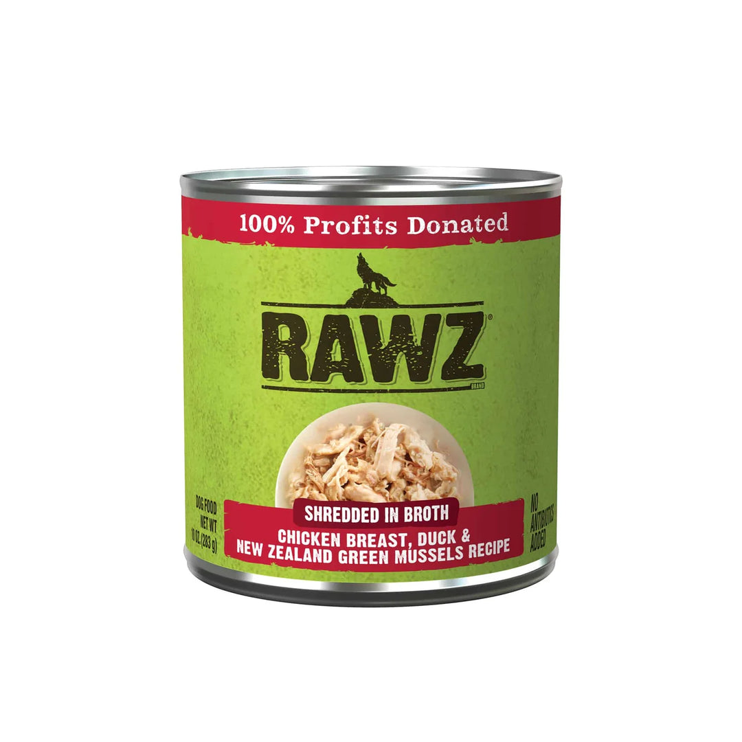 RAWZ Shredded Chicken, Duck &amp; Green Mussels Recipe – Wet Dog Food (10 oz Can)
