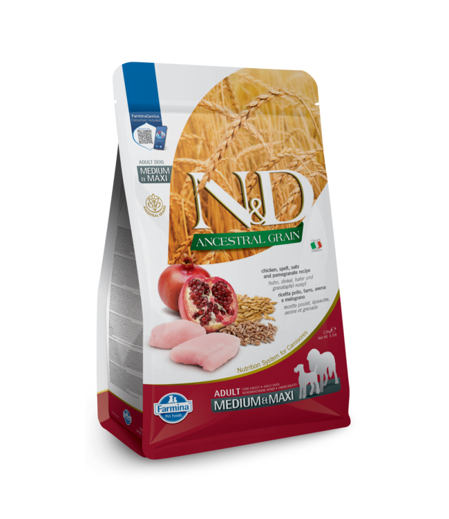 Farmina - N&D Ancestral Grain Chicken, Spelt, Oats, and Pomegranate Adult Medium and Maxi 26.4lbs