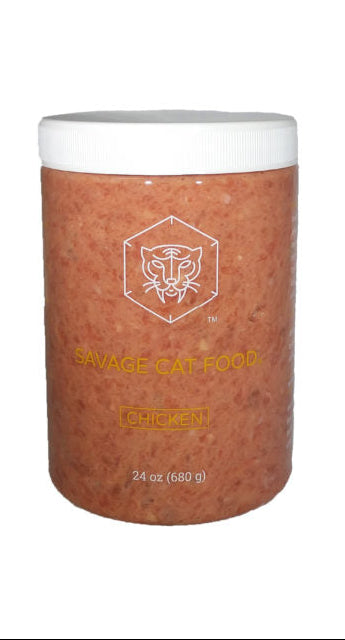 Two sizes of frozen raw cat food tubs labeled 'Savage Cat' with chicken flavor.