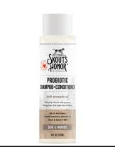 A bottle of Skout's Honor Probiotic Shampoo & Conditioner with 'Dog of the Woods' scent, featuring a white label and brown cap.